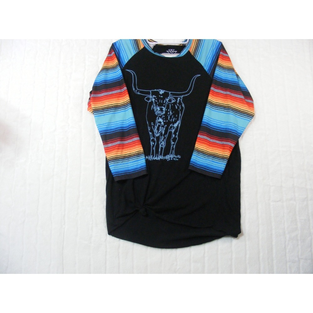 Crazy Train Longhorn Serape Raglan Tee Women Large Black Excellent Western Shirt